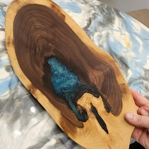 Black Walnut Live Edge Charcuterie Board with a hint of Pacific blue epoxy - Picture 5 of 5